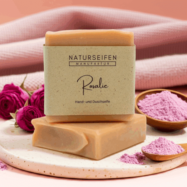 Zwei Stücke Naturseife Rosalie mit umweltfreundlicher Verpackung und rosa Puder auf einem Teller.