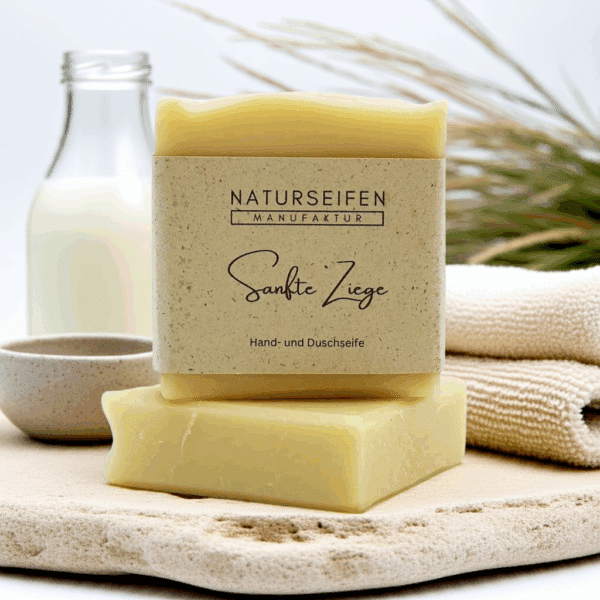 Ein Stück handgemachte Naturseife der Marke "Naturseifen Manufaktur" mit der Aufschrift "Sanfte Ziege". Die Seife ist beige und befindet sich auf einem weiteren Seifenstück derselben Sorte, vor einem neutralen Hintergrund.
