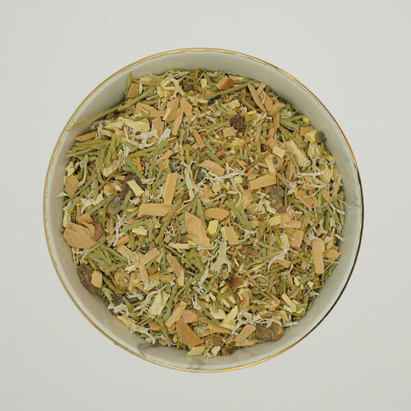 Top view of the "Breath of the Forest" incense blend in a bowl. The blend consists of green herbs, pieces of wood and white fibers that create a natural, earthy look.