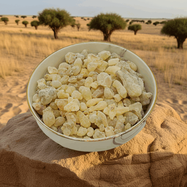Eine Schüssel mit gelben Harzstücken auf einem Sanduntergrund in einer trockenen Landschaft.